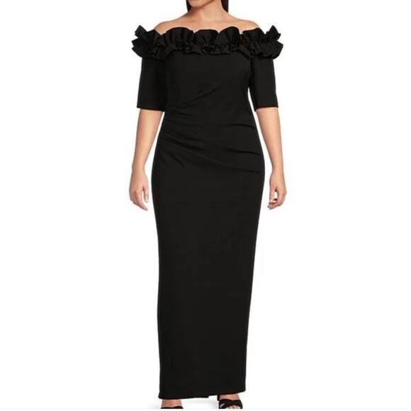 NWOT Xscape Ruffled Off-the-Shoulder Short Sleeve Crepe Sheath Gown – Size 18 - Picture 2 of 16